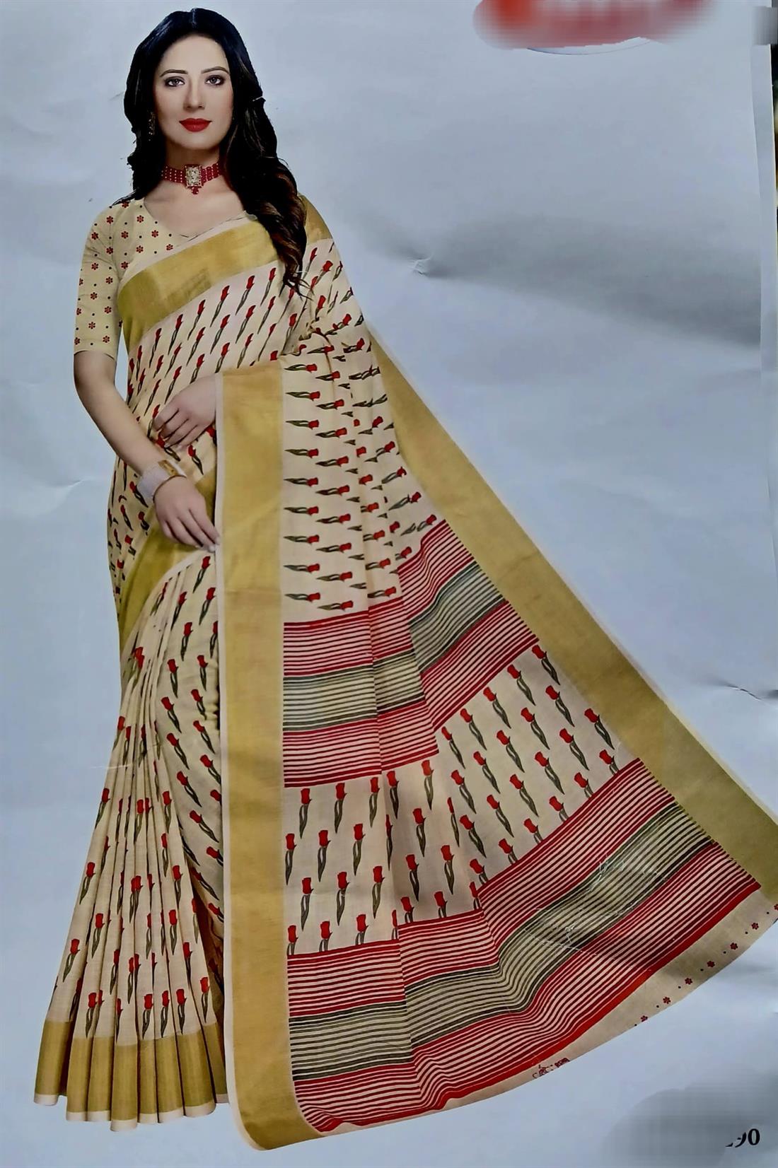 Beige & Red Cotton Saree