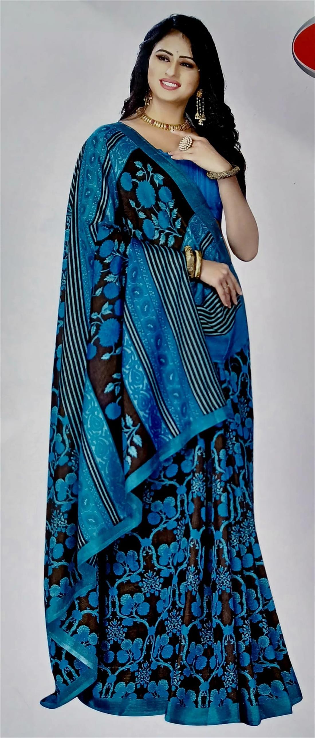 Blue Printed Matka Saree