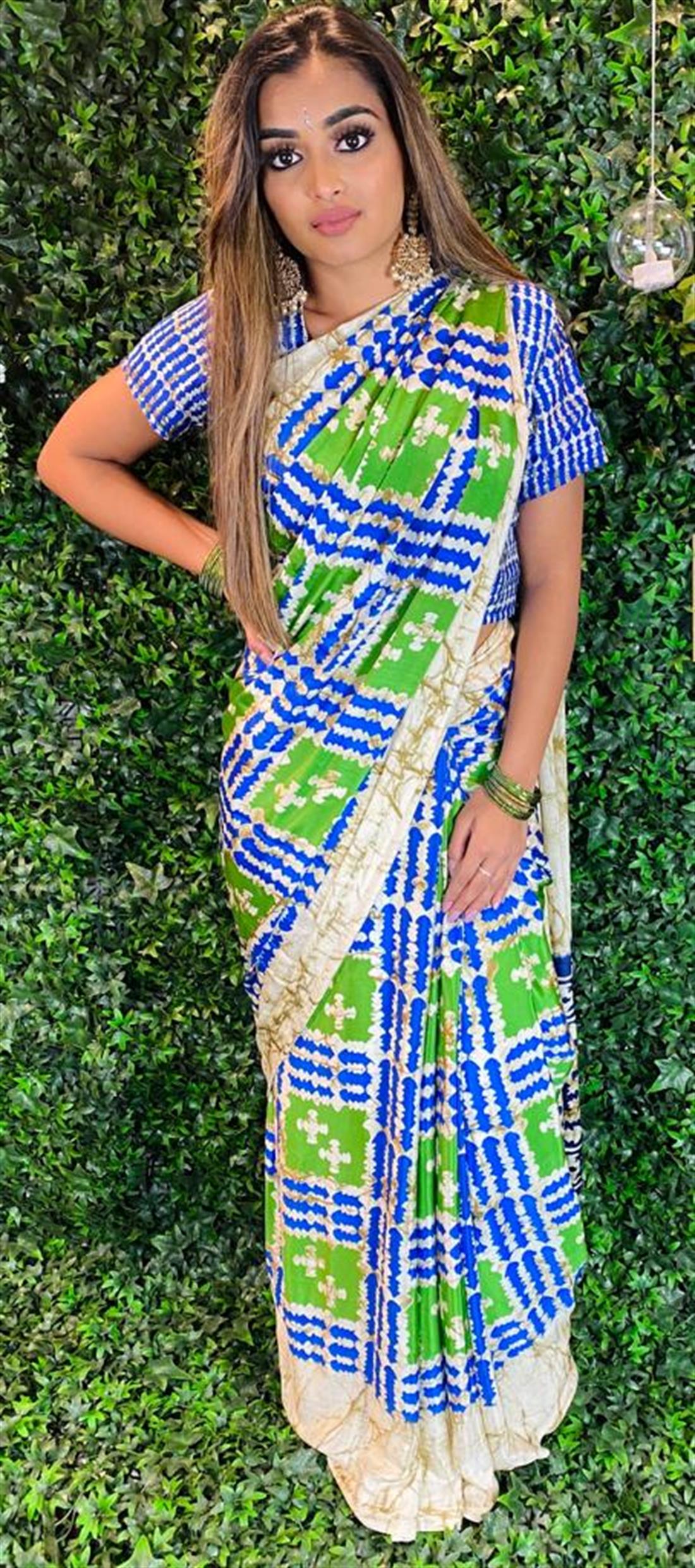 Blue & Green Printed Crepe Sarees