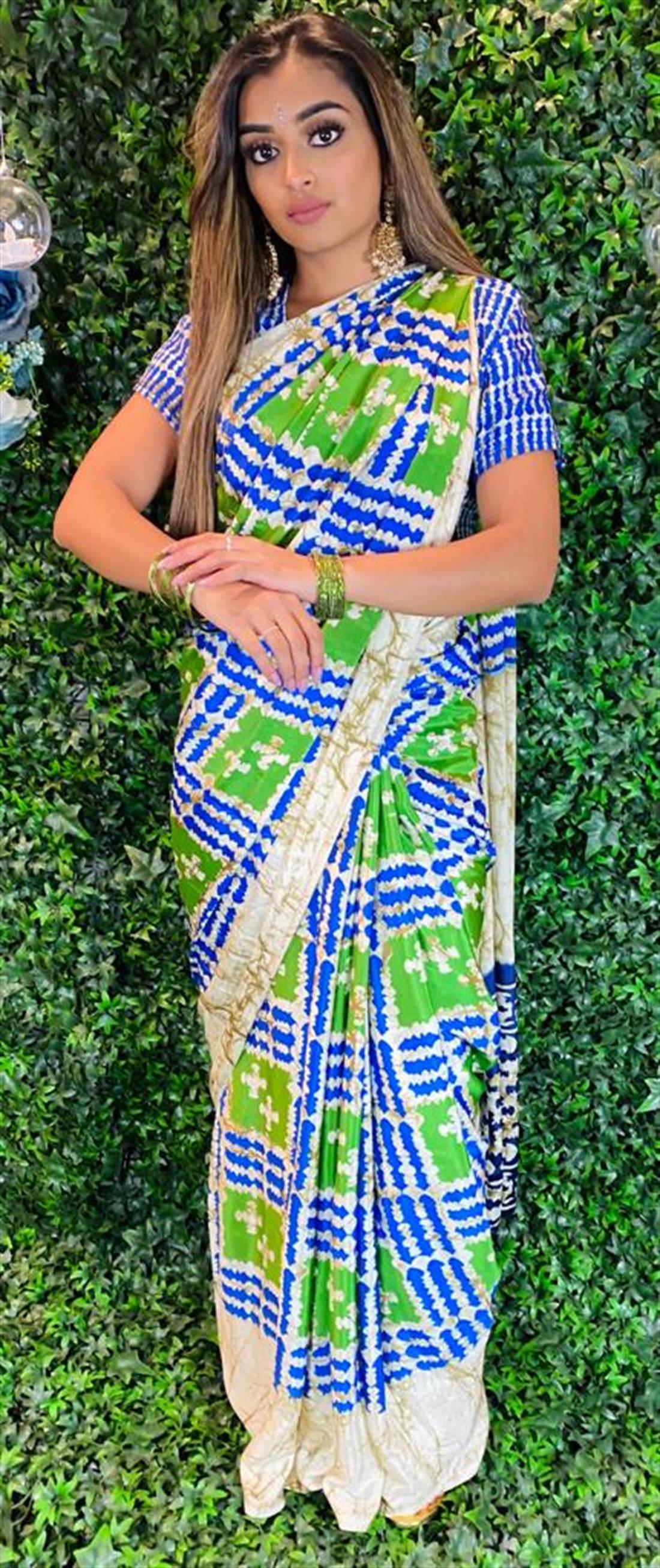 Blue & Green Printed Crepe Sarees