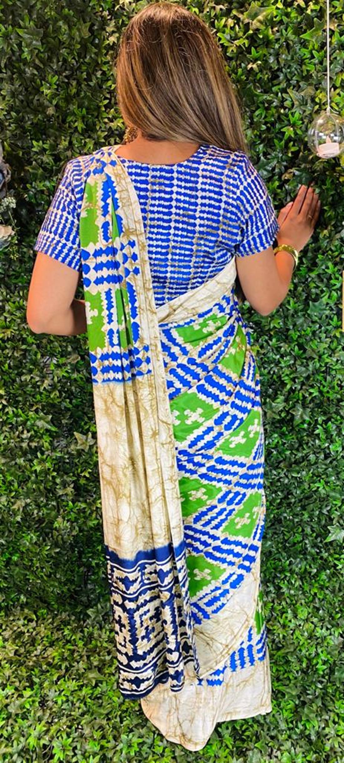 Blue & Green Printed Crepe Sarees
