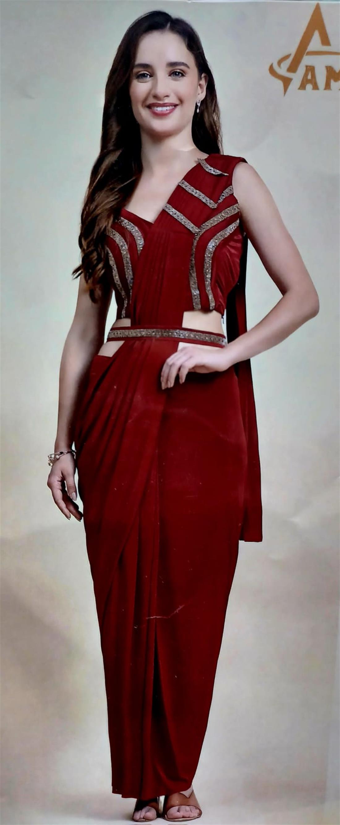 Maroon Lycra Readymade Saree.