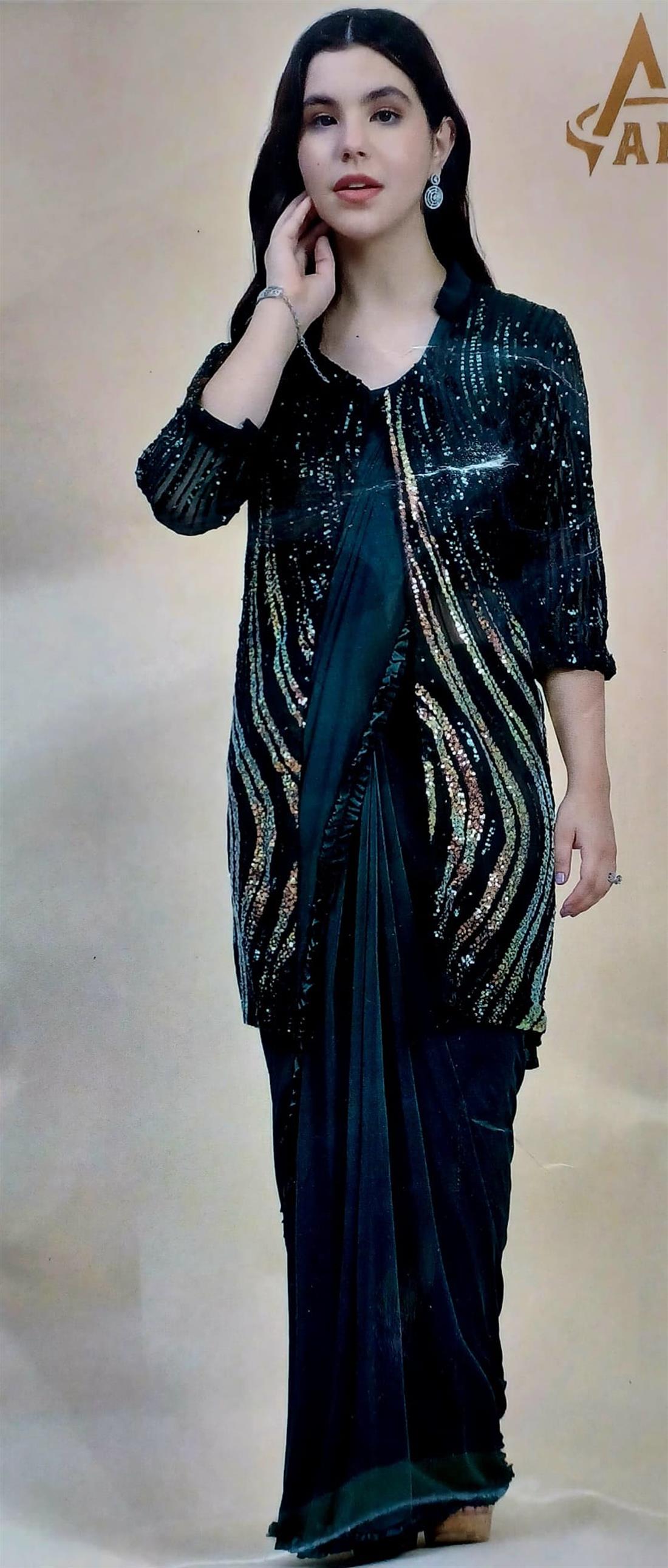 Green Sequinned Laycra Jacket Saree.