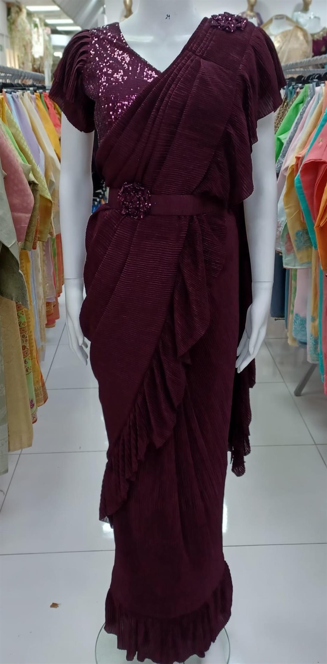 Plum Sequinned Lycra Readymade Saree.