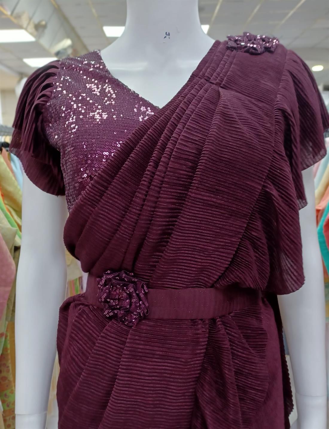 Plum Sequinned Lycra Readymade Saree.