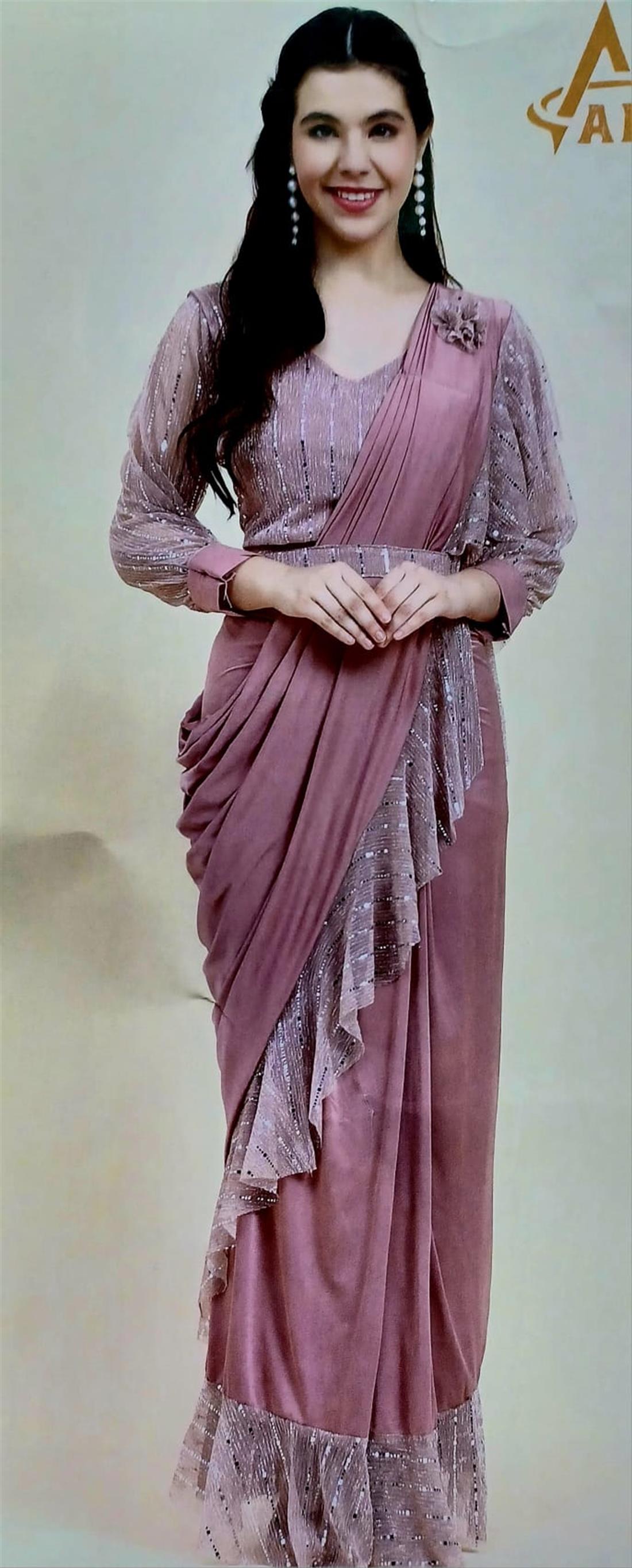 Pink Lycra Readymade Saree.