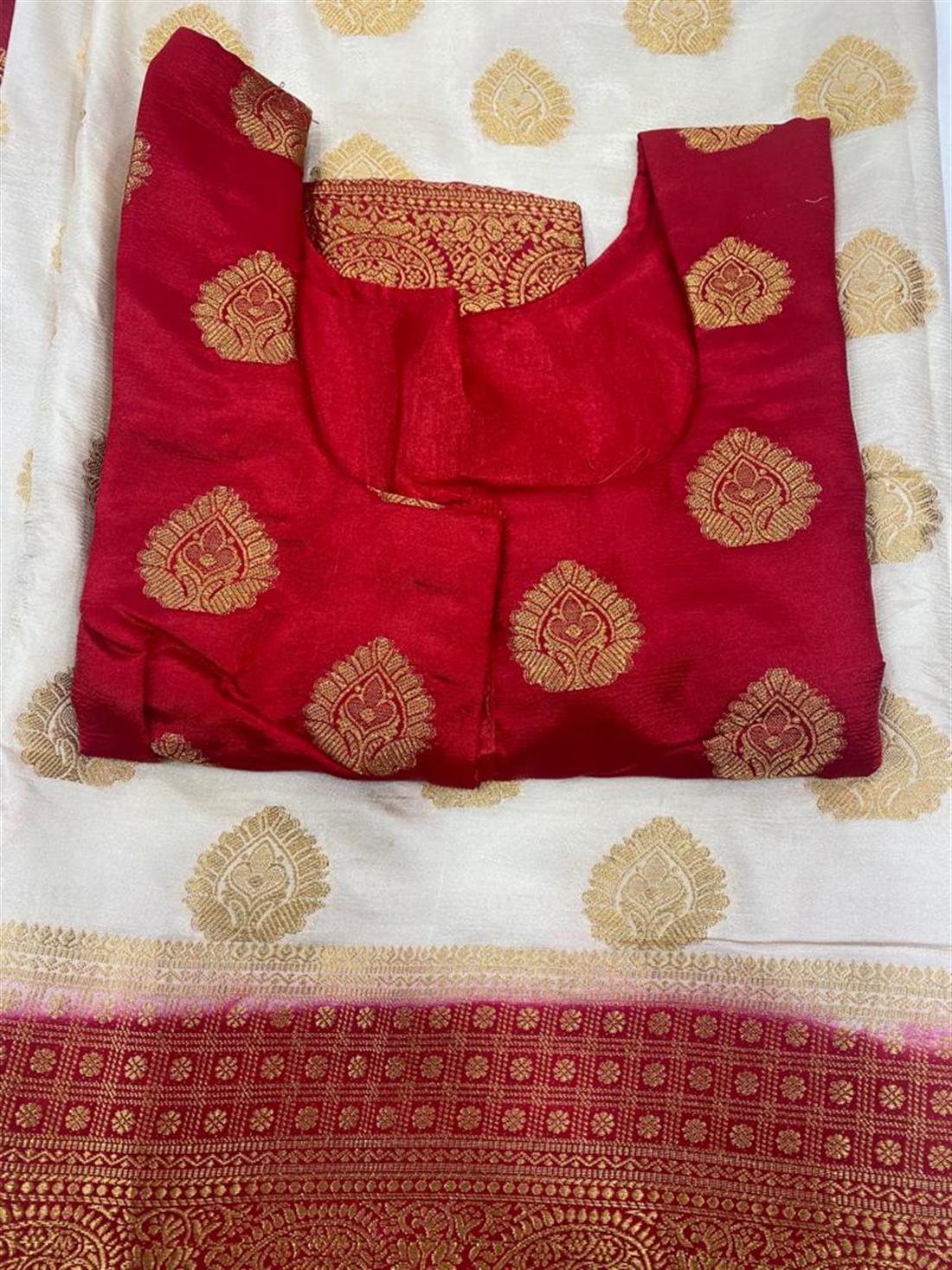 Off White & RED LATEST: Banarasi Saree with Readymade Long Sleeve Blouse.