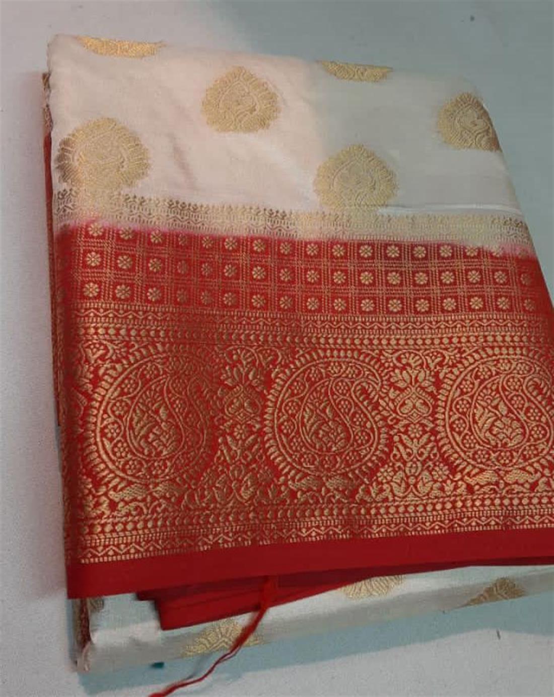 Off White & RED LATEST: Banarasi Saree with Readymade Long Sleeve Blouse.