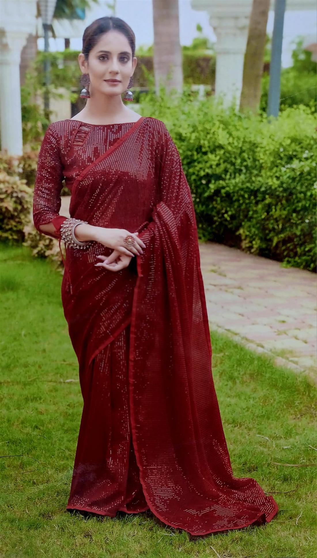 Maroon Sequinned Georgette Sarees
