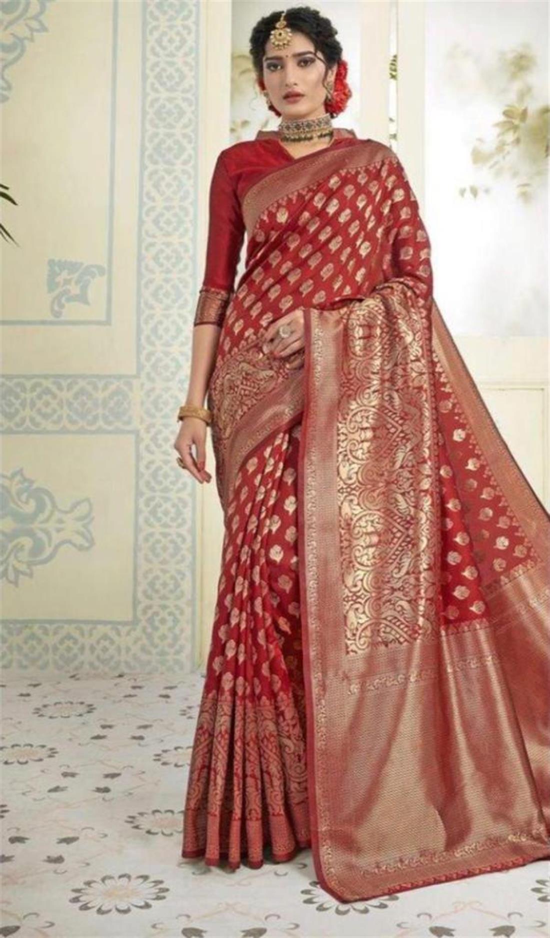 Red LATEST: Banarasi Saree with Long Sleeves Blouse.