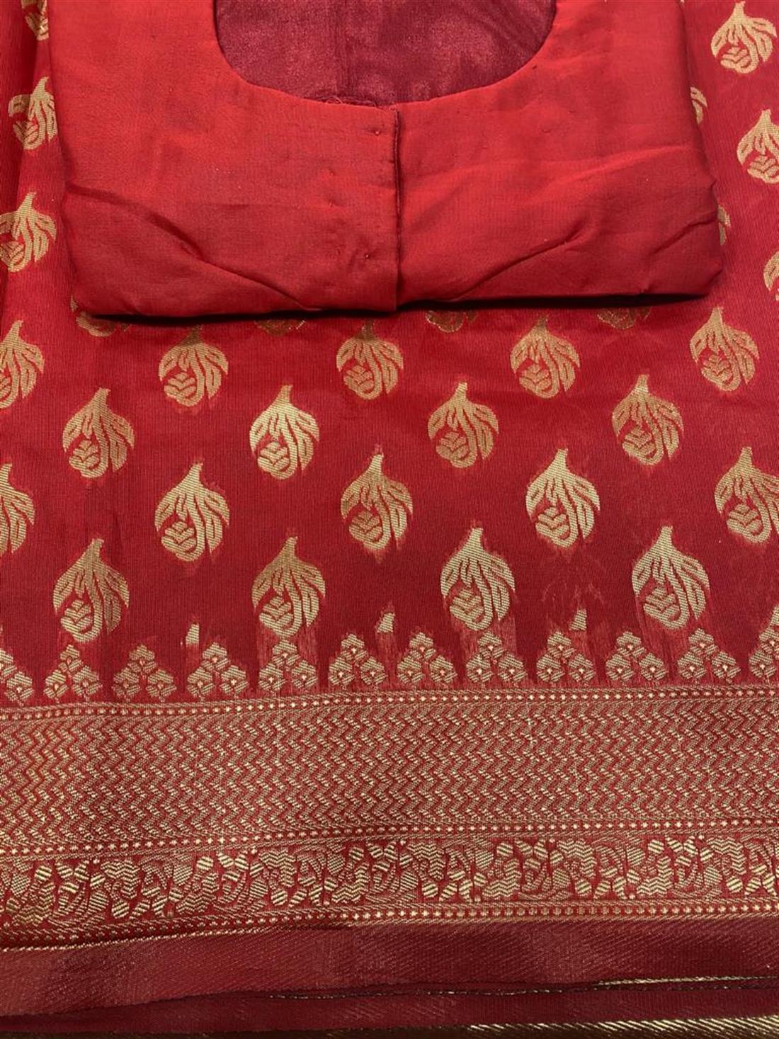 Red LATEST: Banarasi Saree with Long Sleeves Blouse.