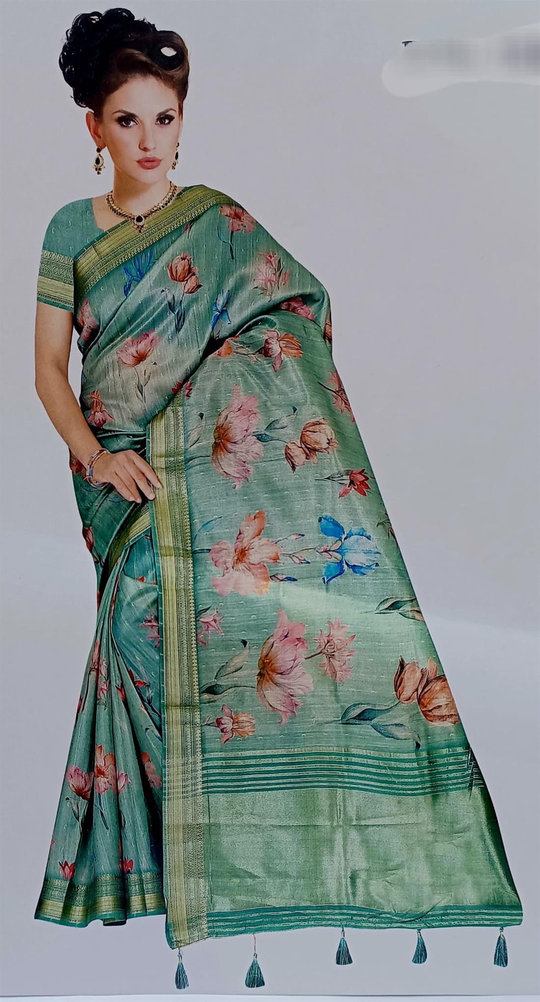 Mint Digital Print Organza Sarees