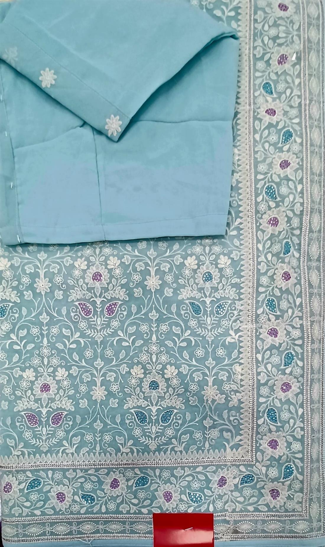 Aqua Blue Embroidered Georgette Sarees