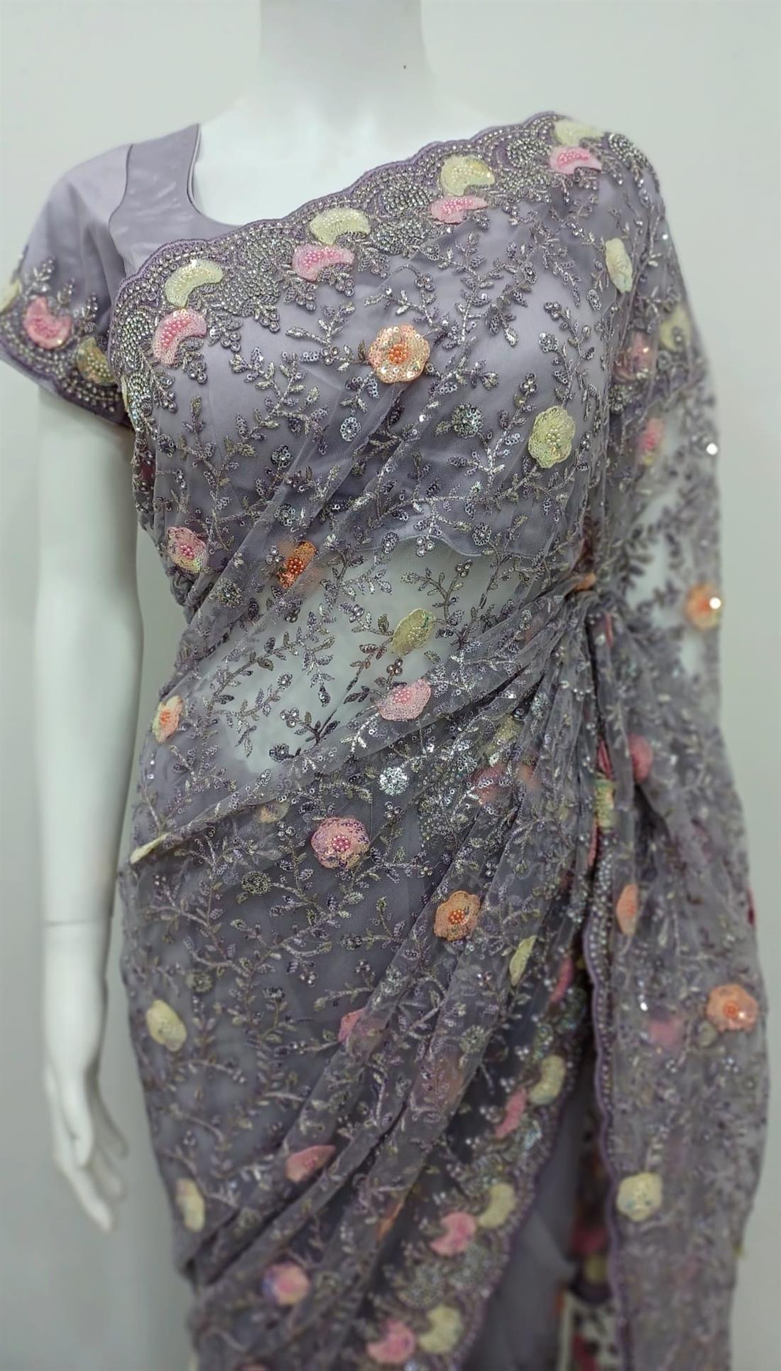 Lavendar Stone Work Net Sarees