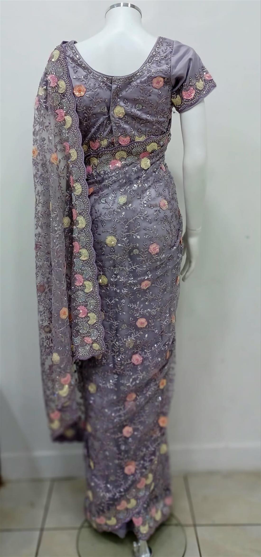 Lavendar Stone Work Net Sarees