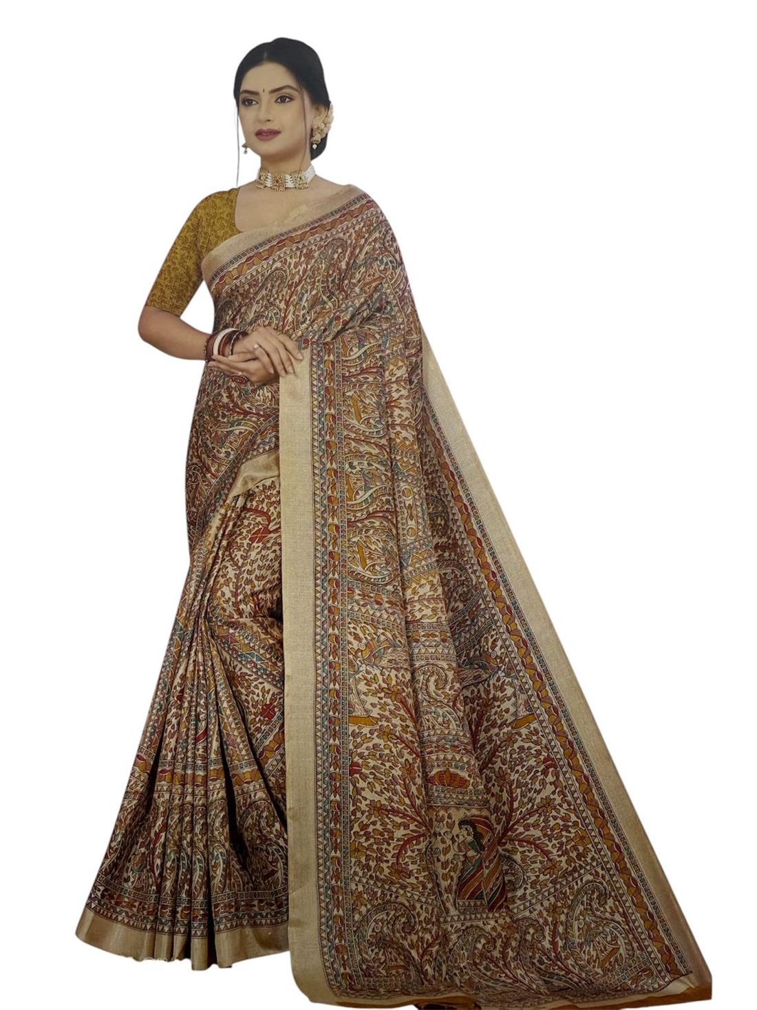 Mustard & Multicolour Printed Ladies Matka Silk Sarees
