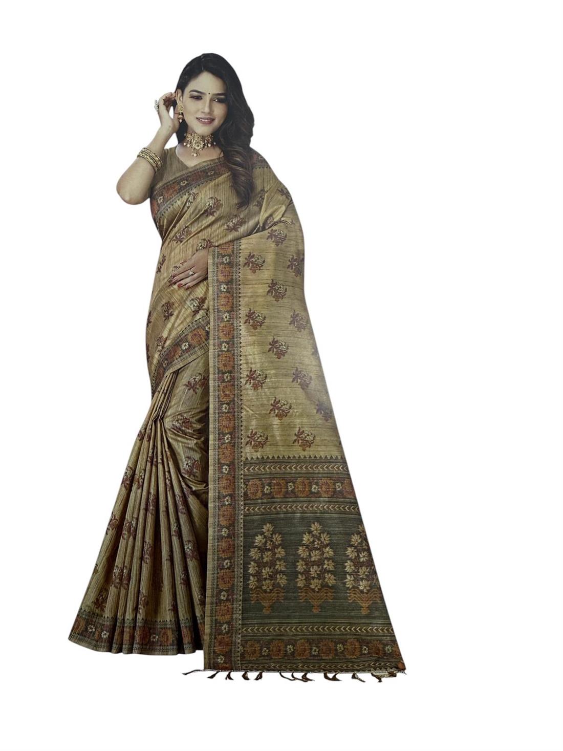 Beige Printed Ladies Tussar Weave Silk Saree