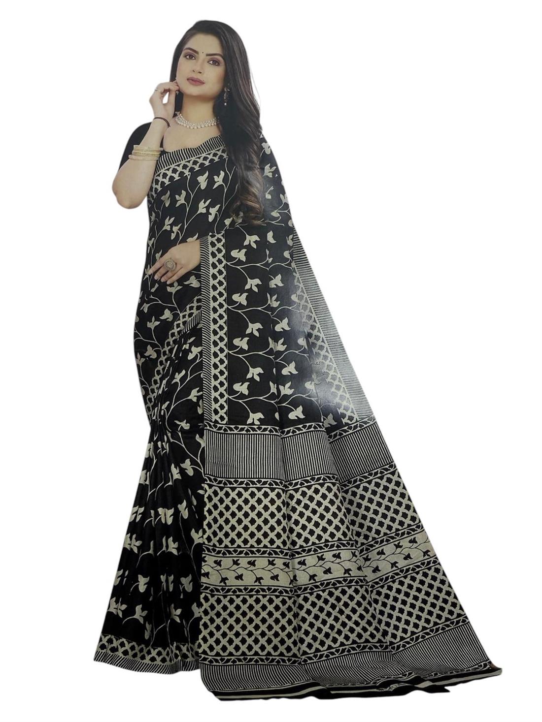 Black & Cream Printed Ladies Matka Silk Saree