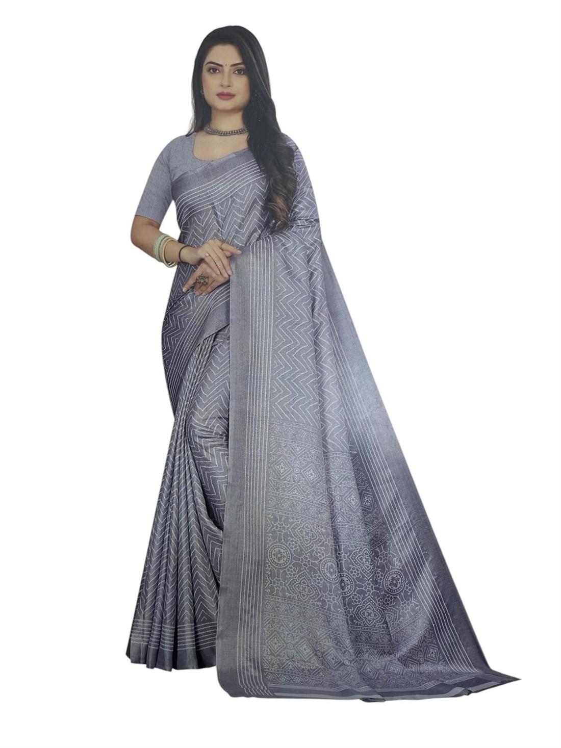 Grey Printed Ladies Matka Silk Saree