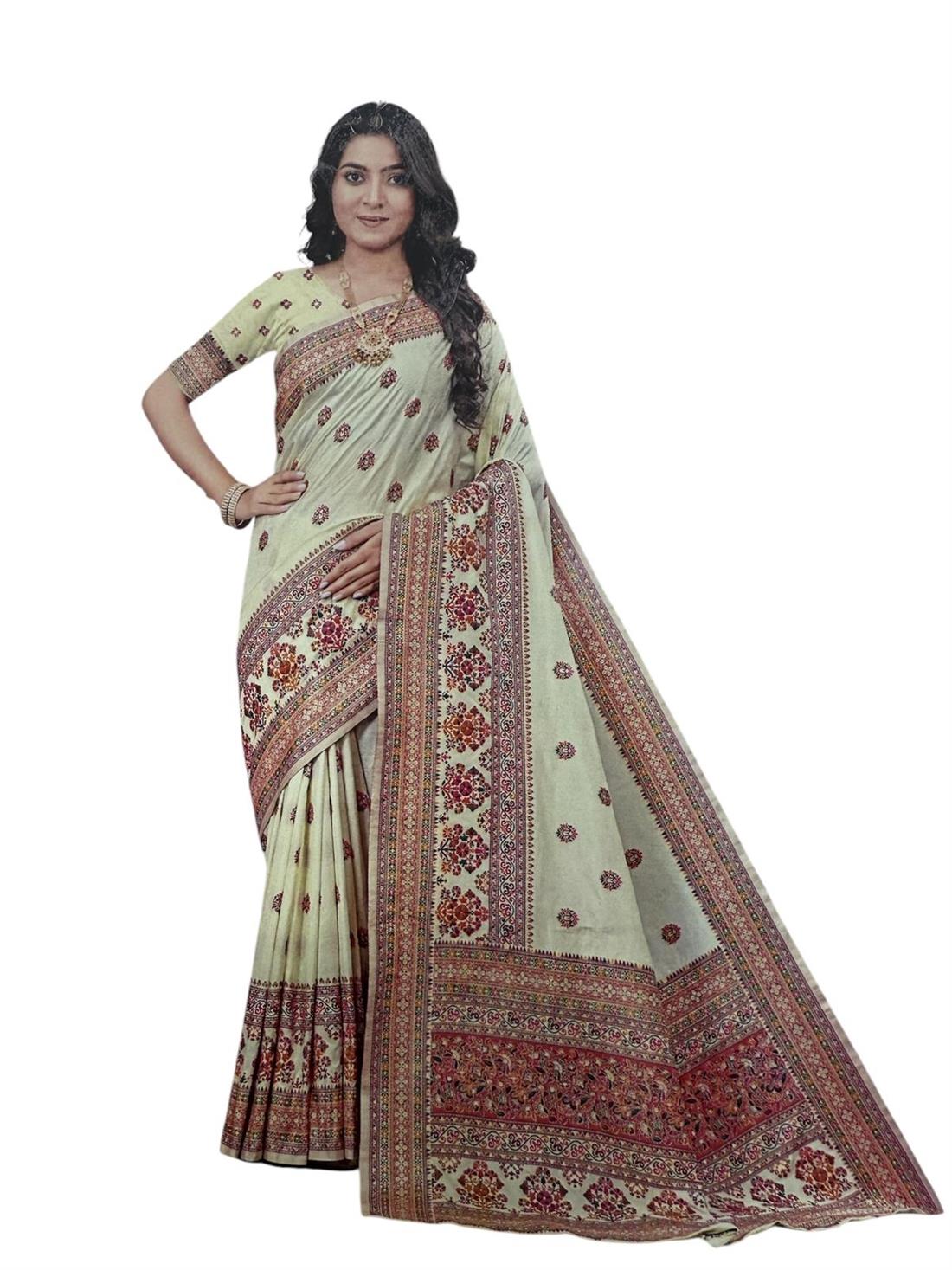 Ivory & Multicolour Ladies Digital Printed Silk Saree