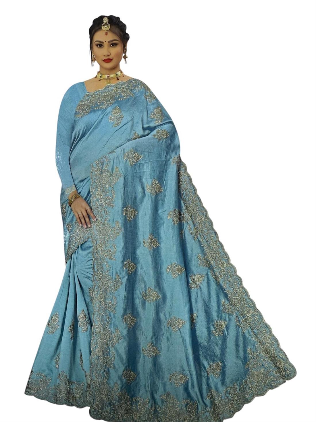 Sky Blue Embroidered Ladies Crepe Saree