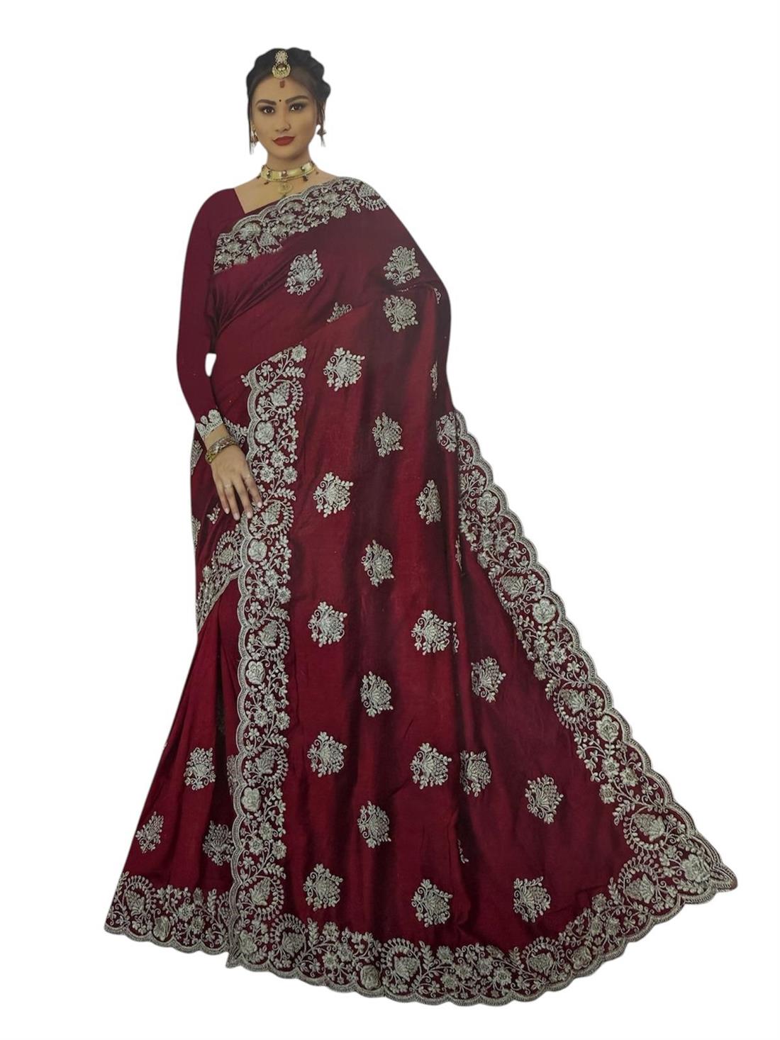 Burgandy Embroidered Ladies Crepe Saree