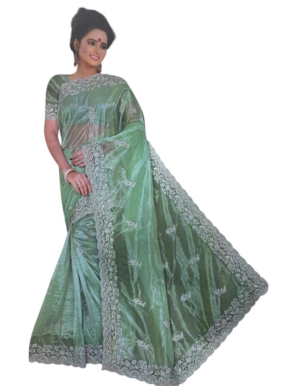 Mint Green Ladies Shimmer Net Saree
