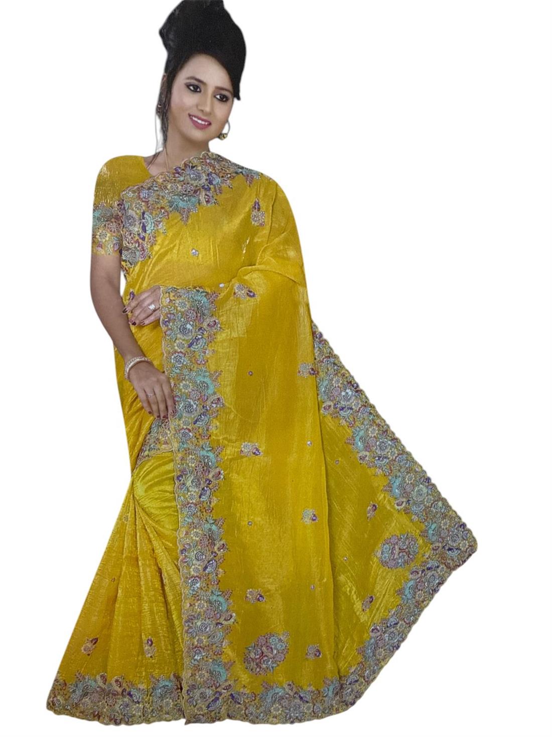 Yellow Sequinned Ladies Soft Organza Saree