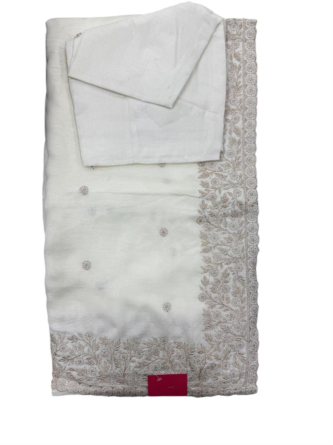 Off White Embroidered Ladies Crepe Silk Saree