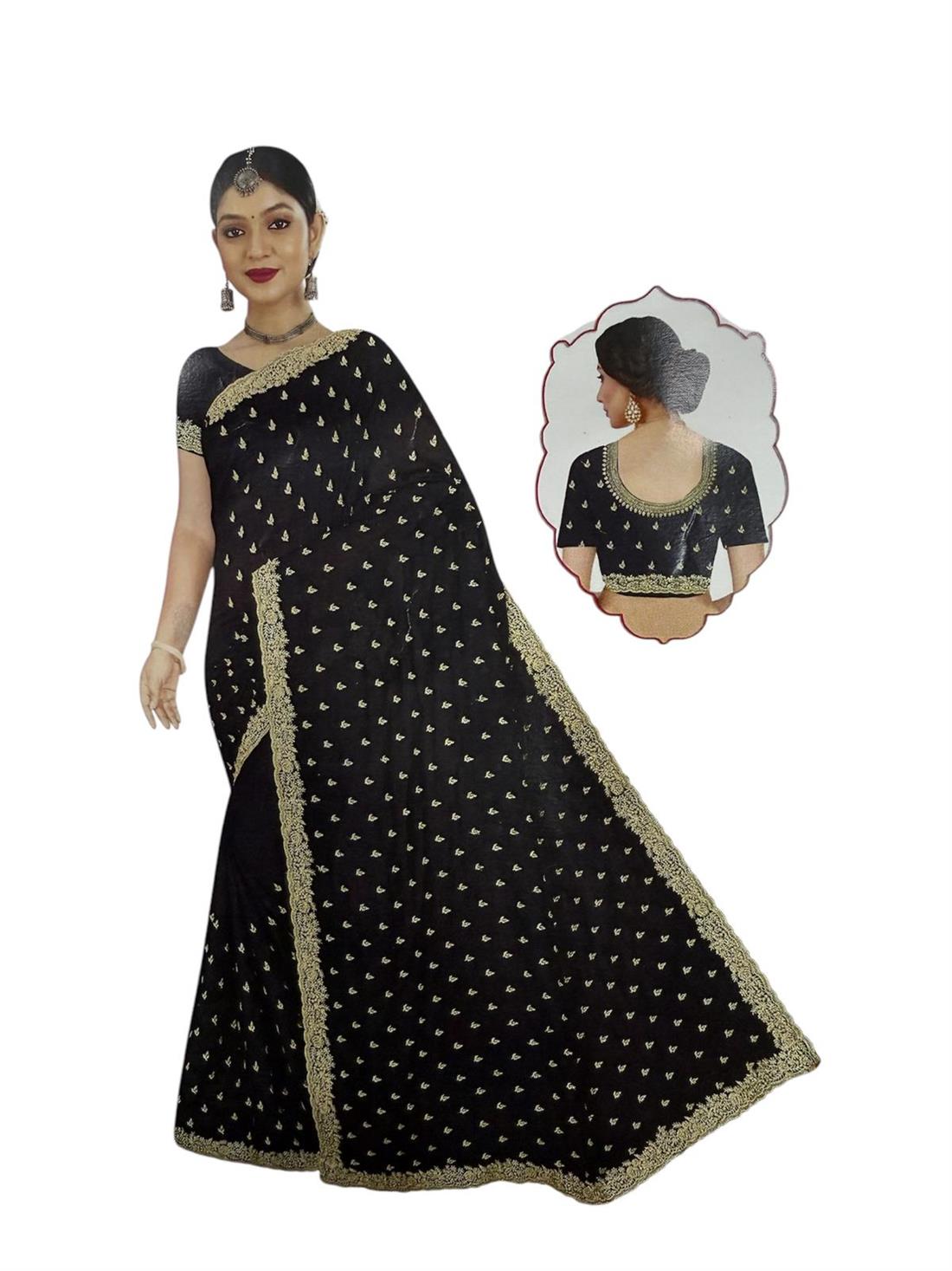 Black Embroidered Ladies Crepe Silk Saree