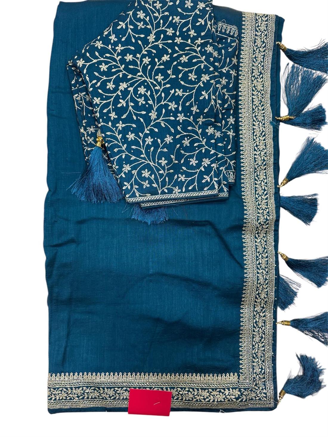 Teal Embroidered Ladies Crepe Silk Saree