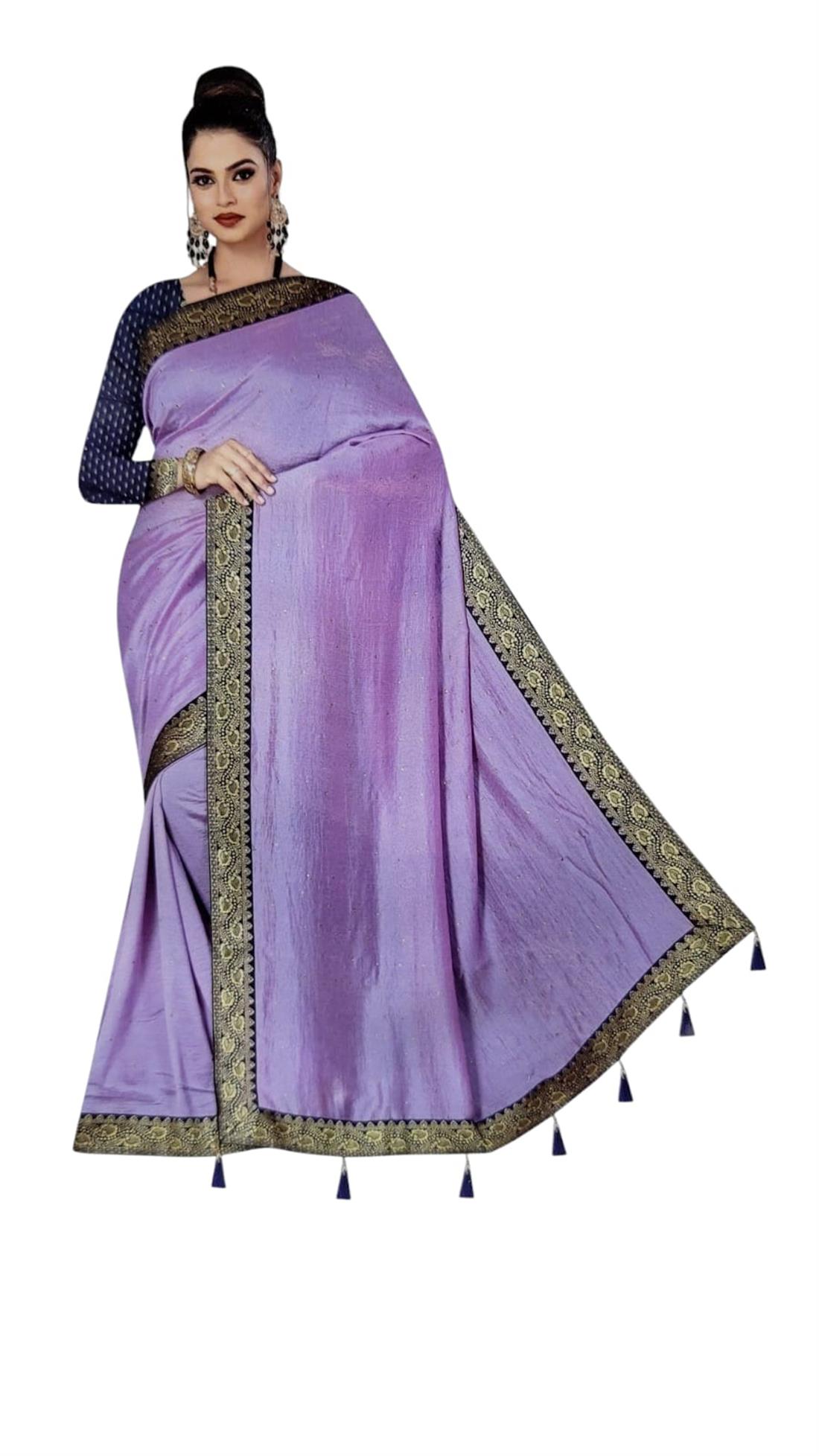 Lilac & Navy Stone Work Raw Silk Sarees