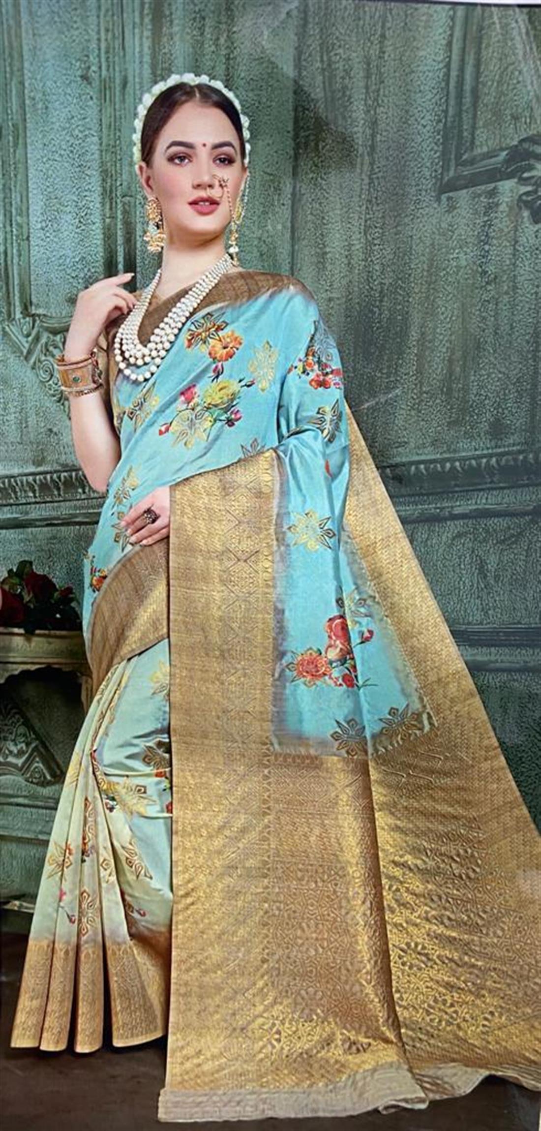 Light Mint Digital Print Banarasi Sarees