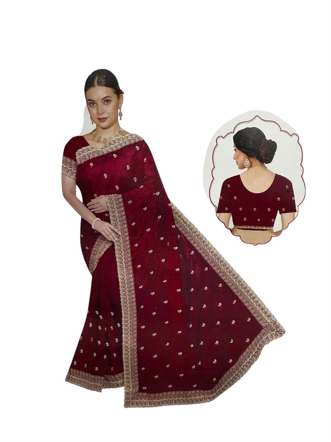 Maroon Embroidered Crepe Silk Saree