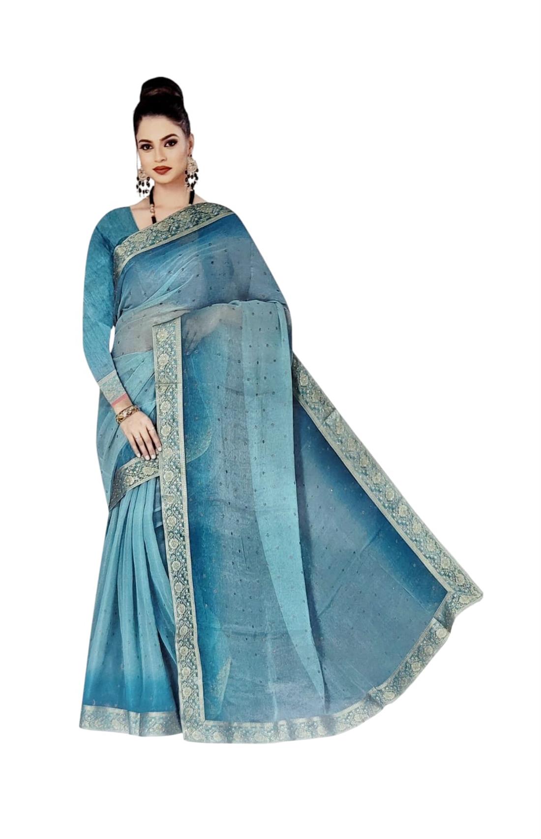 Teal Beaded Shamo Silk Shaded Saree