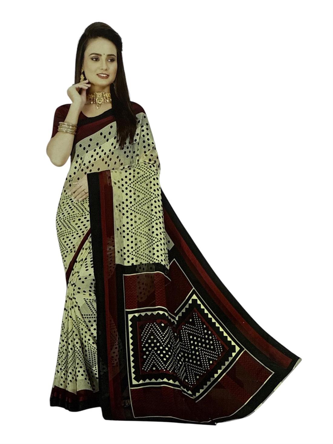 Cream & Red Soft Georgette Saree with Blouse Piece