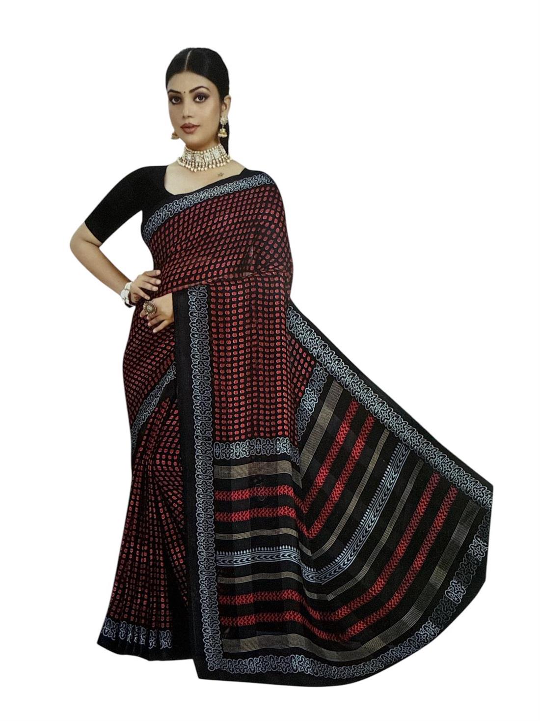 RED & Black Soft Georgette Saree with Blouse Piece