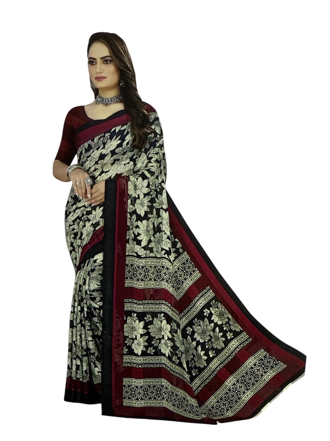 Cream & Red Soft Georgette Saree with Blouse Piece