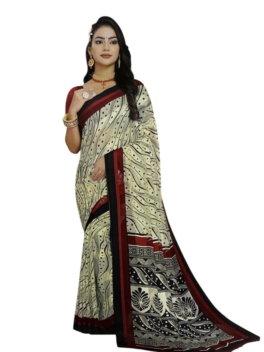 Cream & Red Georgette Sarees