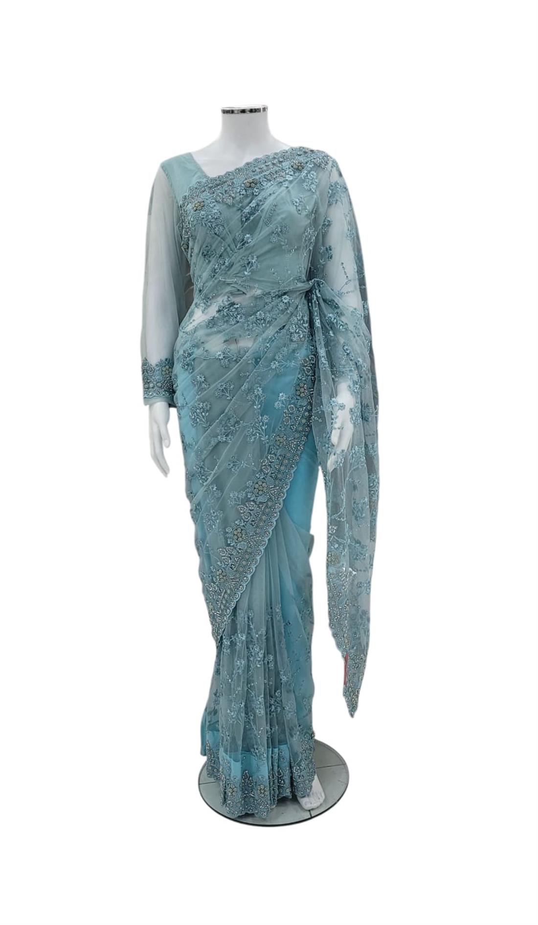 Light Blue Embroidered Net Sarees