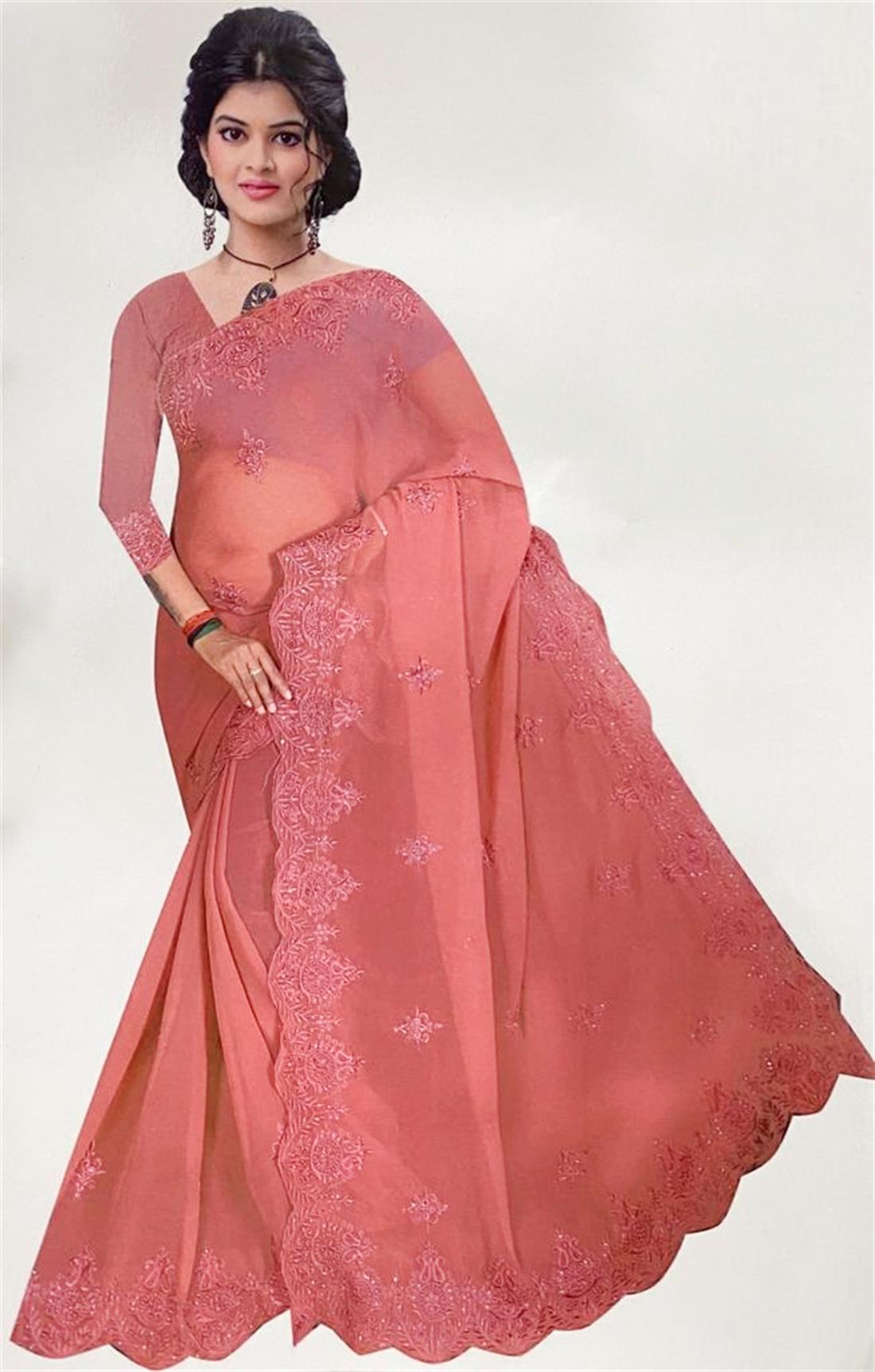 Coral Embroidered Georgette Sarees