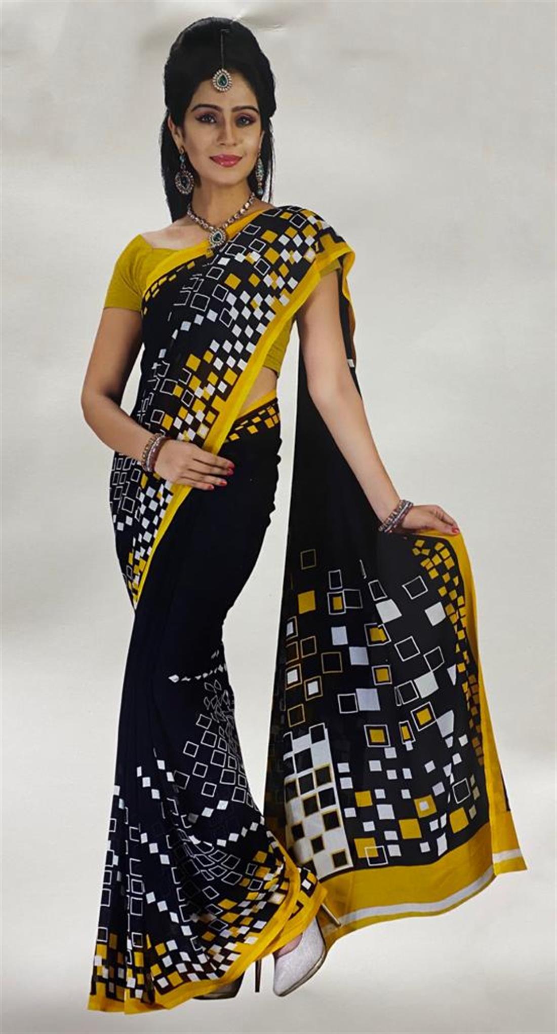 Yellow & Black Digital Print Georgette Sarees