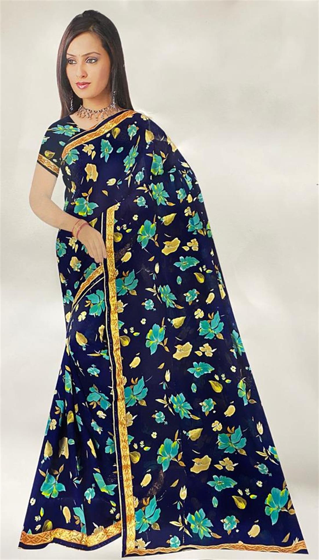Navy Blue Digital Print Georgette Sarees