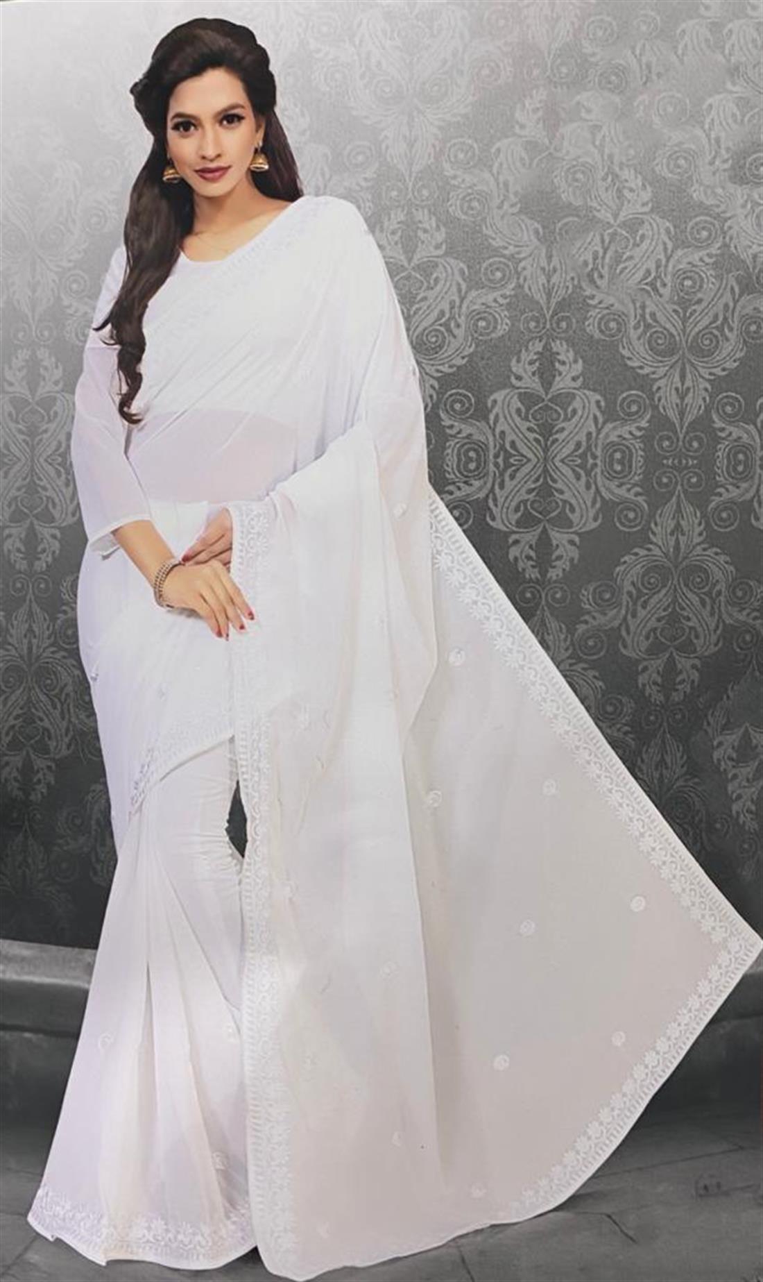 Off White Embroidered Georgette Sarees