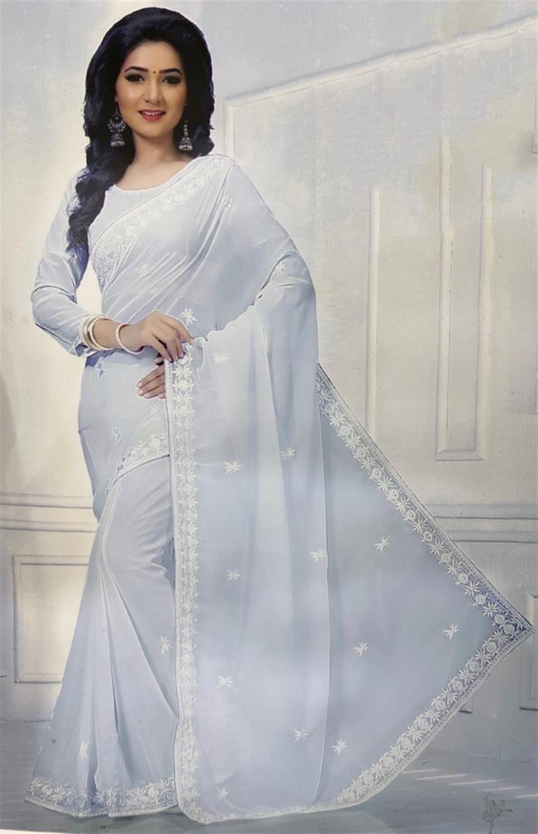 Off White Embroidered Georgette Sarees
