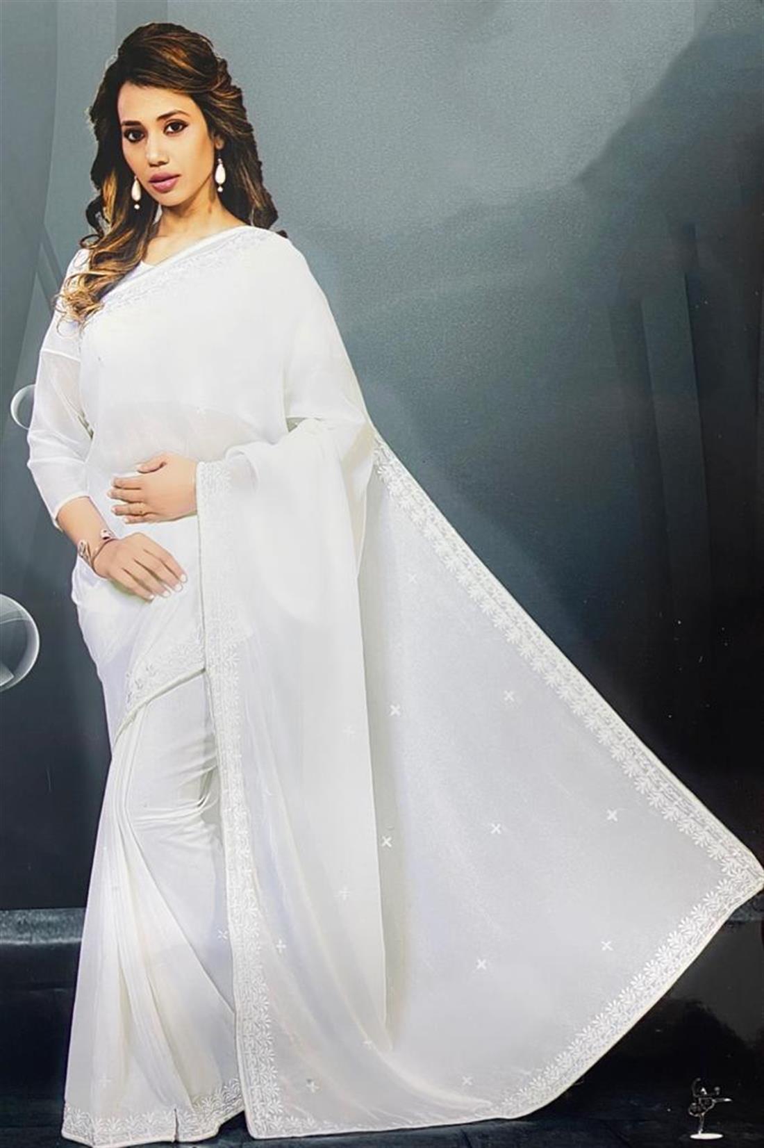 White Embroidered Georgette Sarees