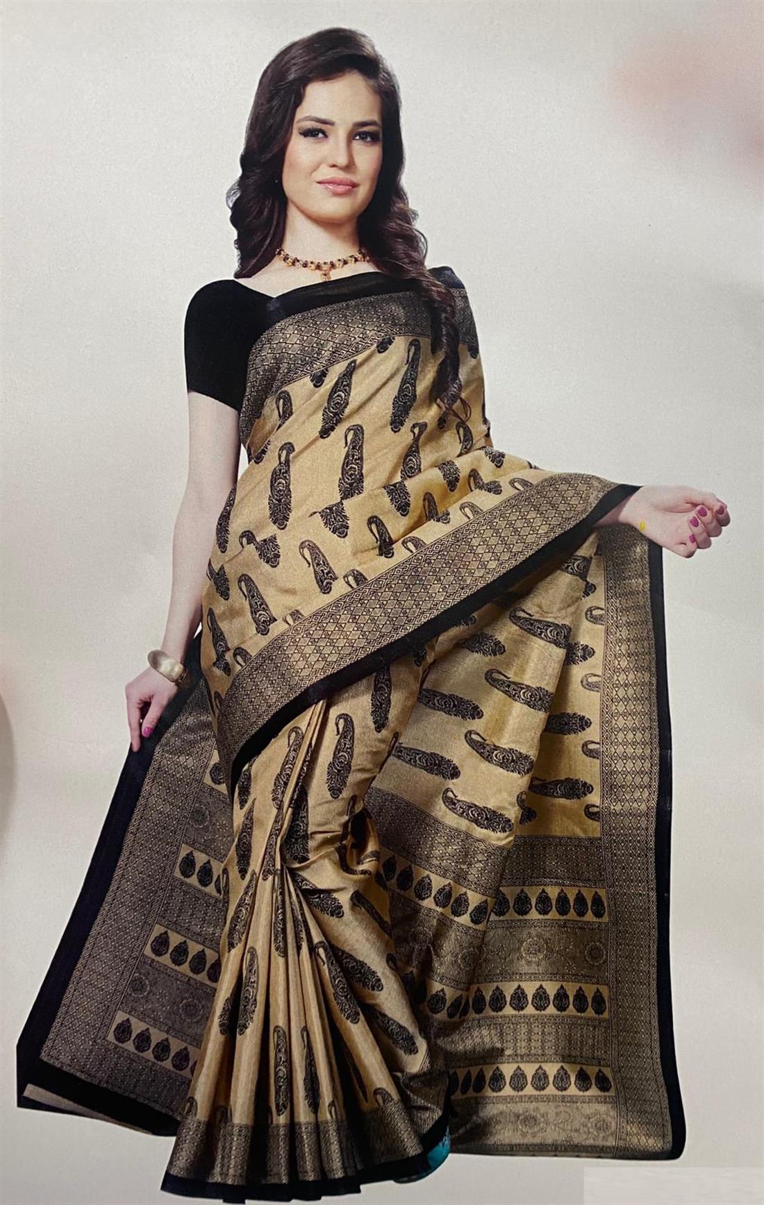 Beige Digital Print Cotton Sarees