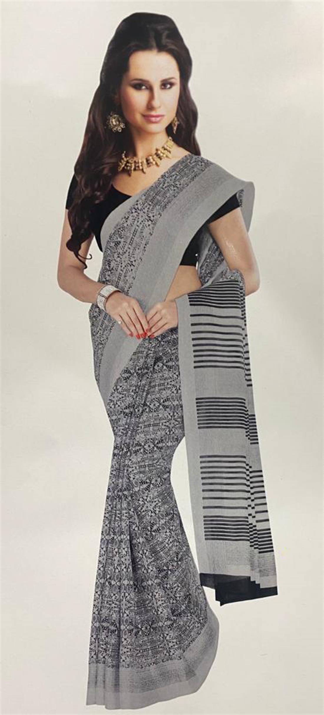 Grey & Black Digital Print Cotton Sarees