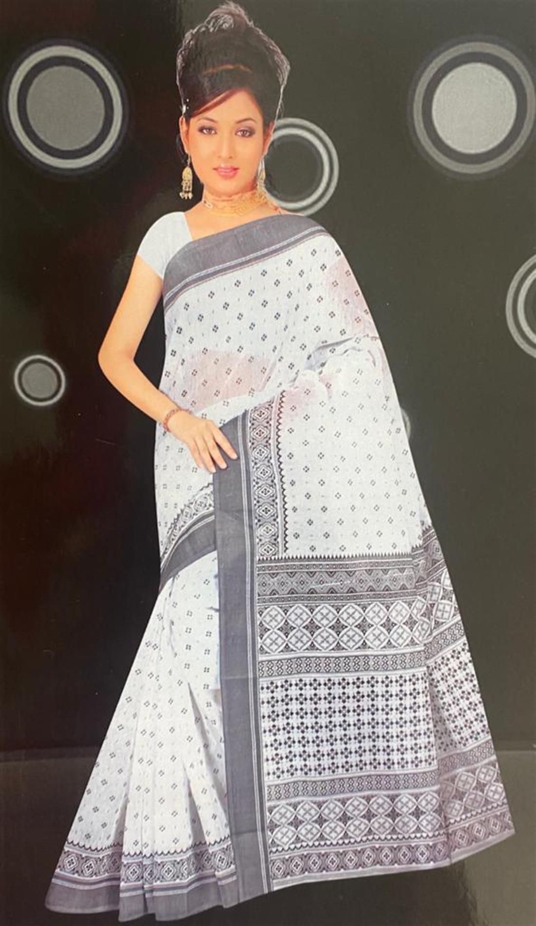 White & Black Printed Cotton Sarees