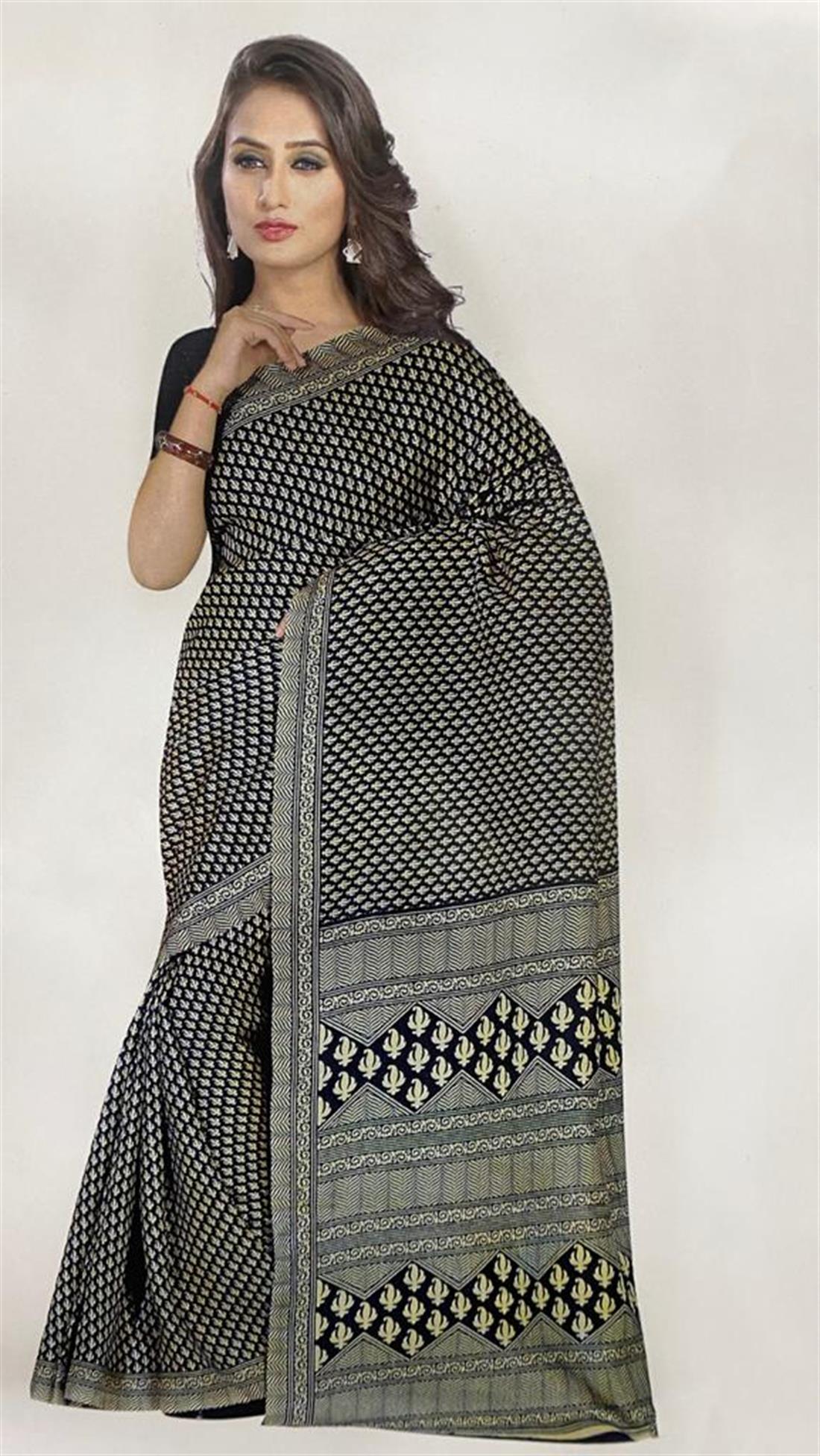 Black & Gold Digital Print Cotton Sarees